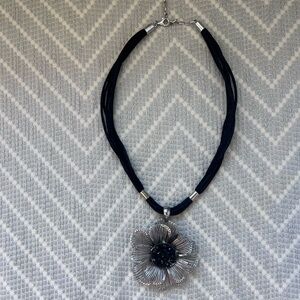 Sterling Silver and Black Flower Pendant Necklace